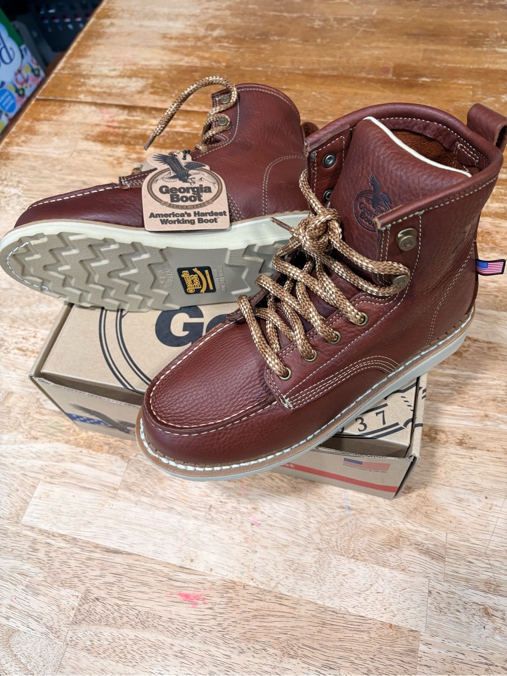 Georgia Boot Brown Leather Moc Toe Work Boots with Cream Outsole